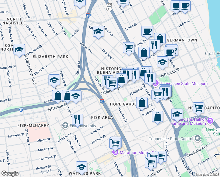 map of restaurants, bars, coffee shops, grocery stores, and more near 1037 Scovel Street in Nashville