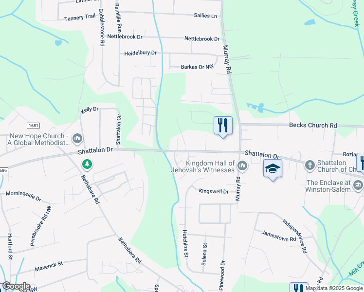 map of restaurants, bars, coffee shops, grocery stores, and more near 5329 Shattalon Drive in Winston-Salem