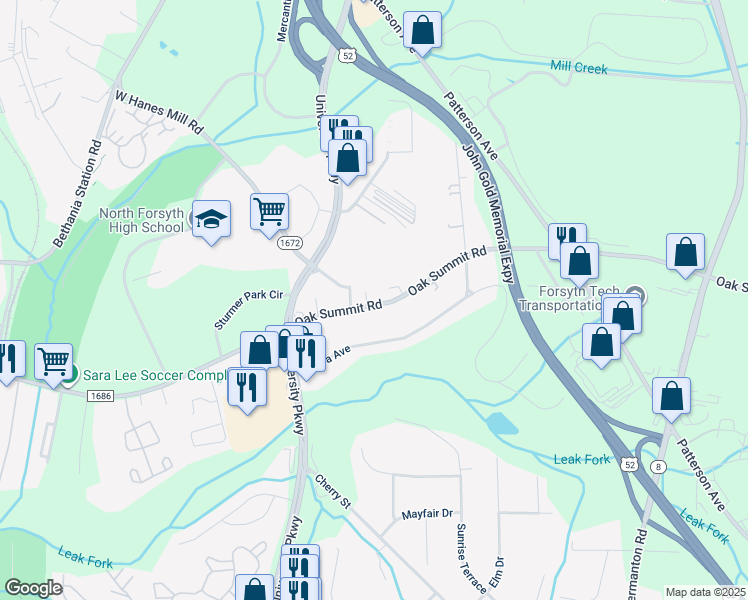 map of restaurants, bars, coffee shops, grocery stores, and more near 135 Oak Summit Road in Winston-Salem