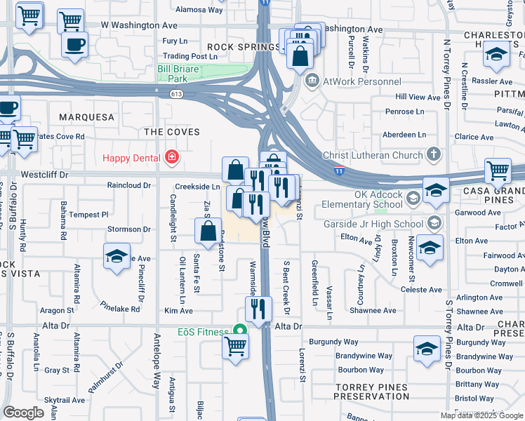 map of restaurants, bars, coffee shops, grocery stores, and more near 201 South Rainbow Boulevard in Las Vegas