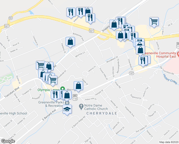 map of restaurants, bars, coffee shops, grocery stores, and more near 1207 Timbers Lane in Greeneville