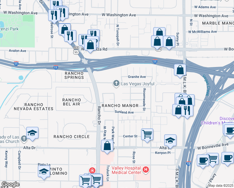 map of restaurants, bars, coffee shops, grocery stores, and more near 105 Woodley Street in Las Vegas