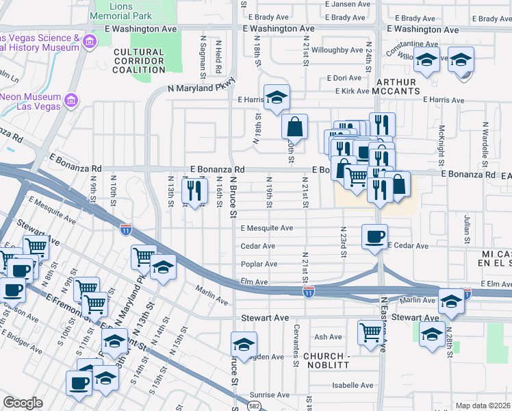 map of restaurants, bars, coffee shops, grocery stores, and more near 1812 Linden Avenue in Las Vegas