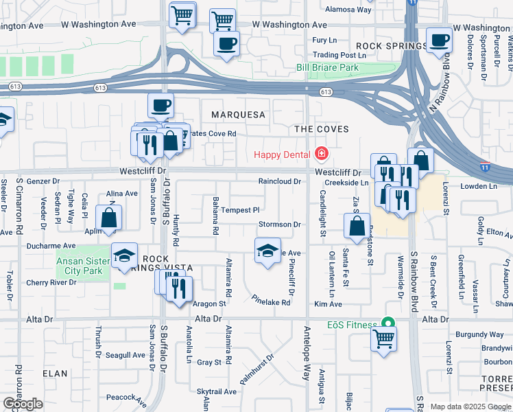 map of restaurants, bars, coffee shops, grocery stores, and more near 7201 Blizzard Lane in Las Vegas
