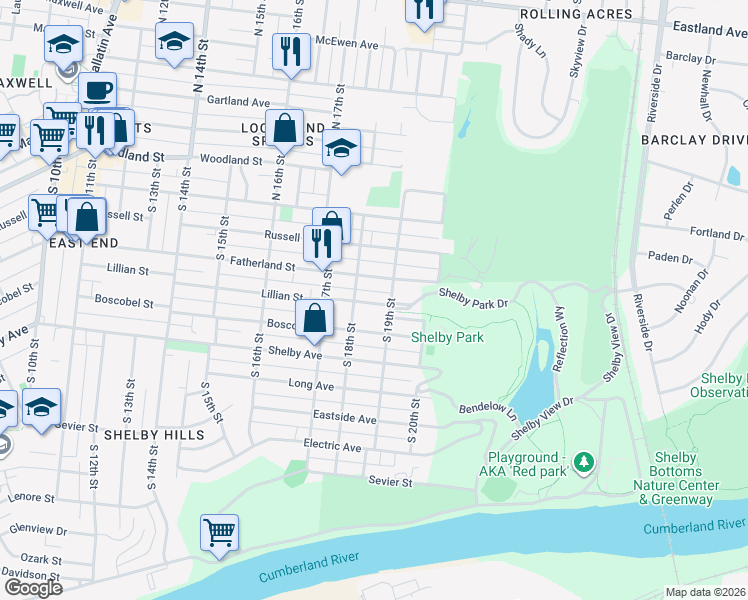 map of restaurants, bars, coffee shops, grocery stores, and more near 1813 Lillian Street in Nashville