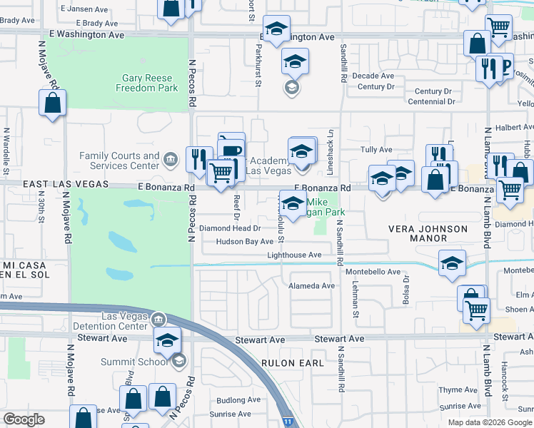 map of restaurants, bars, coffee shops, grocery stores, and more near 3814 Coral Reef Way in Las Vegas