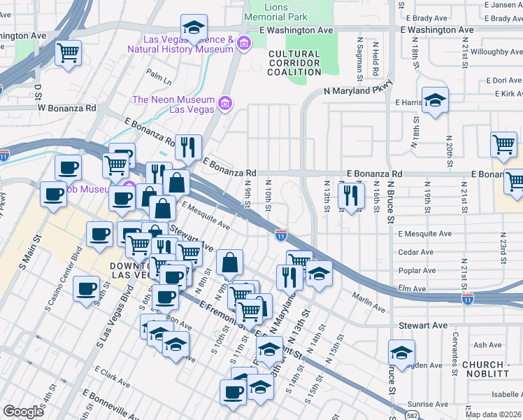 map of restaurants, bars, coffee shops, grocery stores, and more near 1001 Linden Avenue in Las Vegas