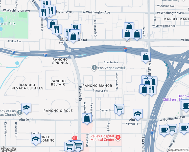map of restaurants, bars, coffee shops, grocery stores, and more near 101 Woodley Street in Las Vegas