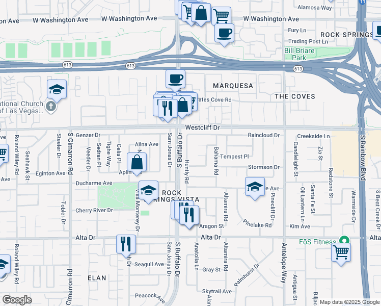 map of restaurants, bars, coffee shops, grocery stores, and more near 7413 Blizzard Court in Las Vegas