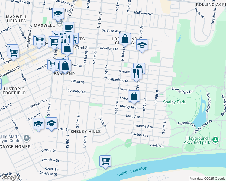 map of restaurants, bars, coffee shops, grocery stores, and more near 1512 Lillian Street in Nashville