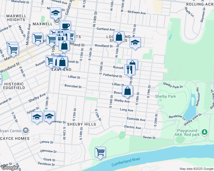 map of restaurants, bars, coffee shops, grocery stores, and more near 1512 Lillian Street in Nashville