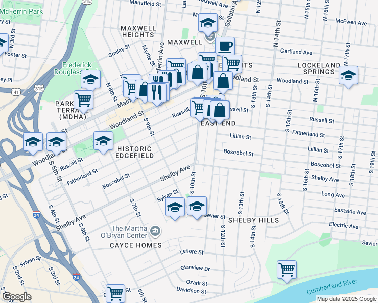 map of restaurants, bars, coffee shops, grocery stores, and more near 934 Boscobel Street in Nashville