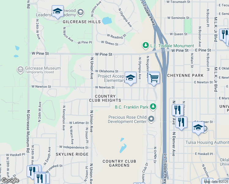 map of restaurants, bars, coffee shops, grocery stores, and more near 1234 North Rosedale Avenue in Tulsa