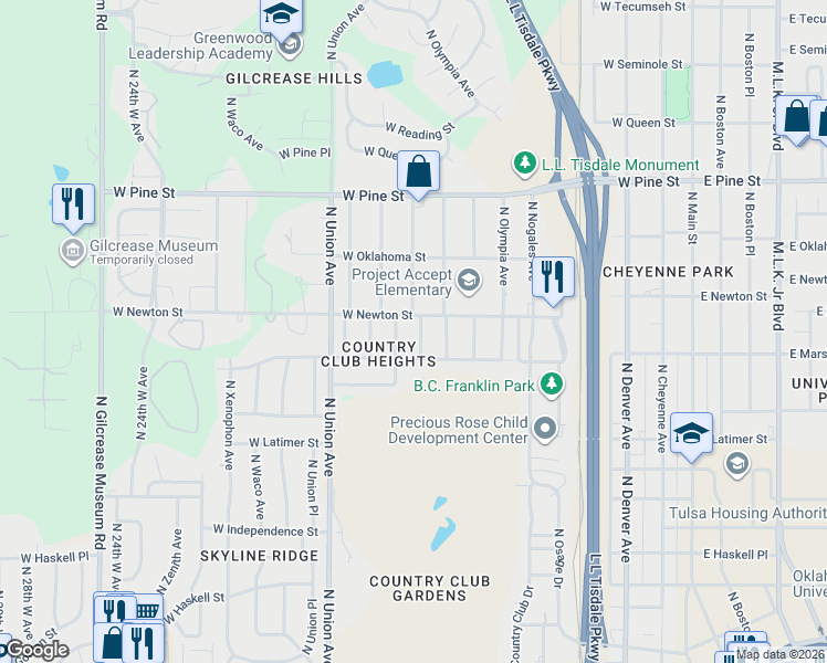 map of restaurants, bars, coffee shops, grocery stores, and more near 1234 North Rosedale Avenue in Tulsa