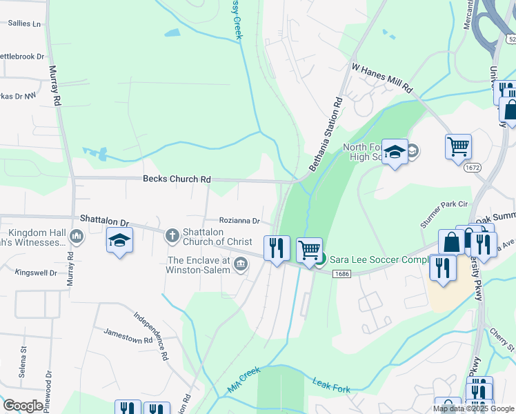 map of restaurants, bars, coffee shops, grocery stores, and more near 4318 Meta Drive in Winston-Salem