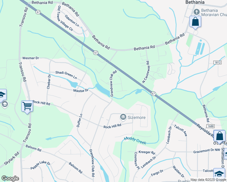 map of restaurants, bars, coffee shops, grocery stores, and more near 4183 Turnberry Park Court in Pfafftown