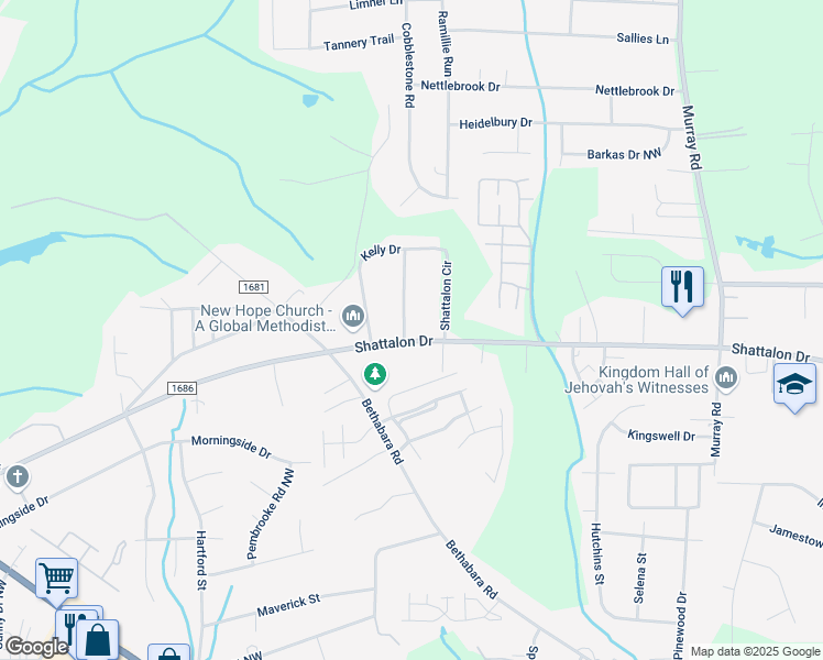 map of restaurants, bars, coffee shops, grocery stores, and more near 5165 Shattalon Drive in Winston-Salem
