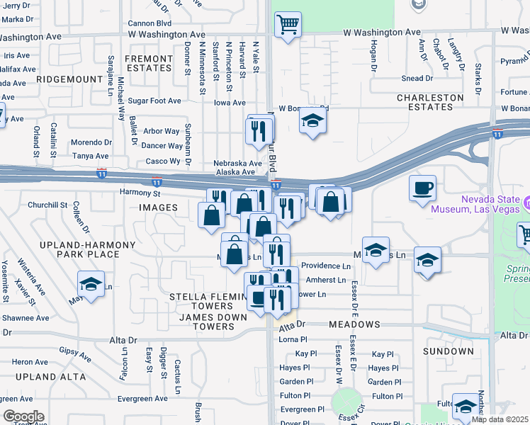 map of restaurants, bars, coffee shops, grocery stores, and more near S Decatur Blvd & Churchill Ave in Las Vegas