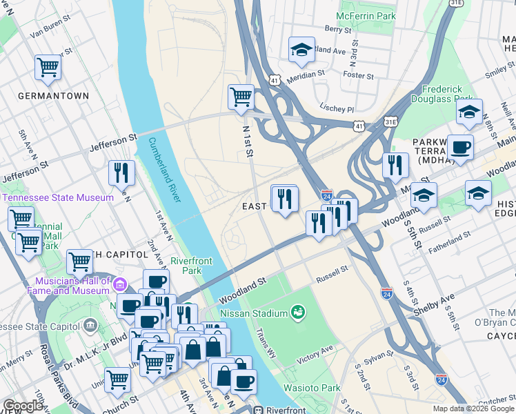map of restaurants, bars, coffee shops, grocery stores, and more near 2 South 1st Street in Nashville