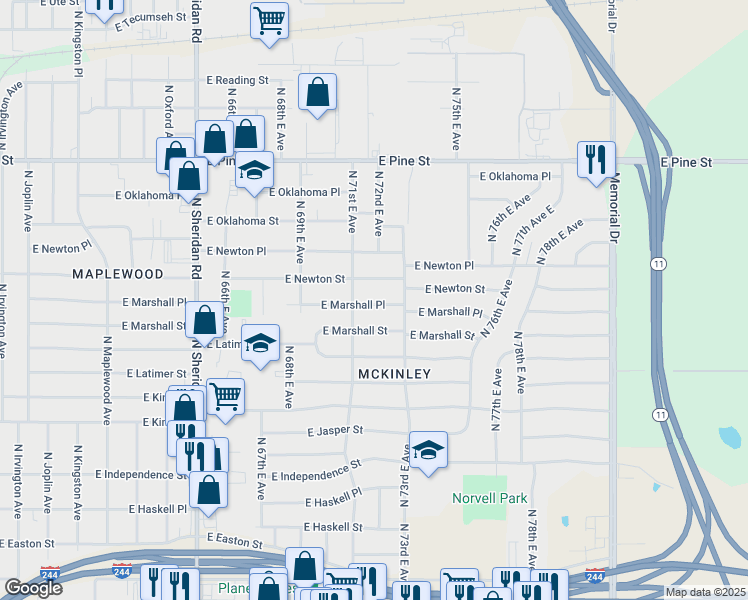 map of restaurants, bars, coffee shops, grocery stores, and more near 7121 East Marshall Place in Tulsa