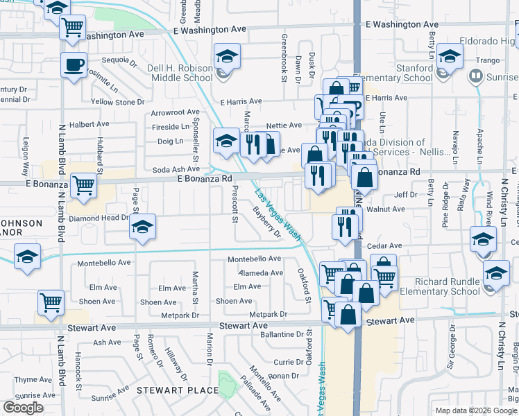 map of restaurants, bars, coffee shops, grocery stores, and more near 541 Bayberry Drive in Las Vegas