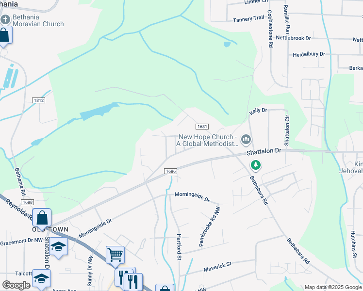 map of restaurants, bars, coffee shops, grocery stores, and more near Kimbrough Street in Winston-Salem