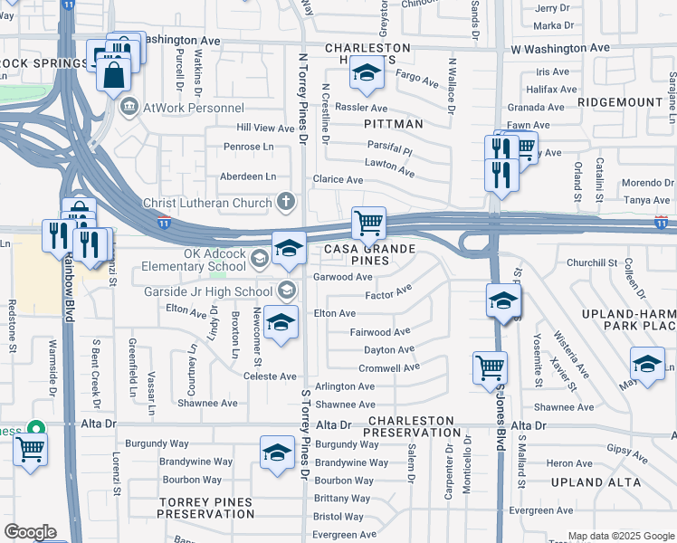 map of restaurants, bars, coffee shops, grocery stores, and more near 6332 Garwood Avenue in Las Vegas