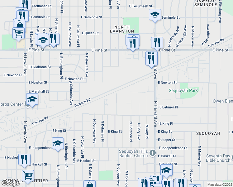 map of restaurants, bars, coffee shops, grocery stores, and more near 1198 North College Avenue in Tulsa
