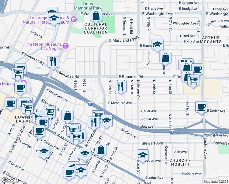 map of restaurants, bars, coffee shops, grocery stores, and more near 436 North 14th Street in Las Vegas