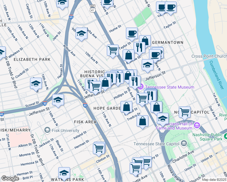 map of restaurants, bars, coffee shops, grocery stores, and more near in Nashville