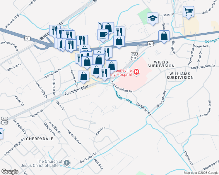 map of restaurants, bars, coffee shops, grocery stores, and more near 1606 Hannah Street in Greeneville