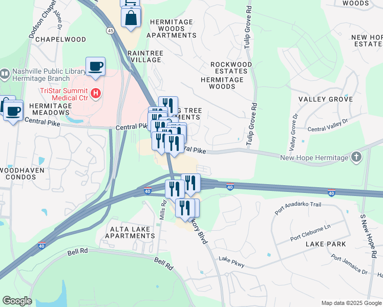 map of restaurants, bars, coffee shops, grocery stores, and more near 4031 Central Pike in Nashville