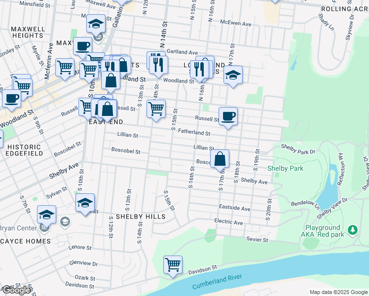 map of restaurants, bars, coffee shops, grocery stores, and more near 1512 Lillian Street in Nashville