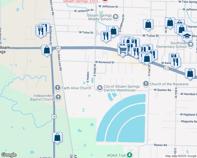 map of restaurants, bars, coffee shops, grocery stores, and more near 1201 South Holly Street in Siloam Springs