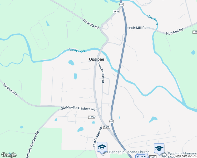 map of restaurants, bars, coffee shops, grocery stores, and more near 2554 Ossipee Front Street in Elon