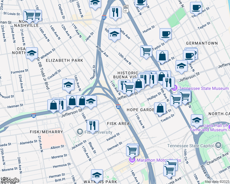 map of restaurants, bars, coffee shops, grocery stores, and more near 1103B Scovel Street in Nashville