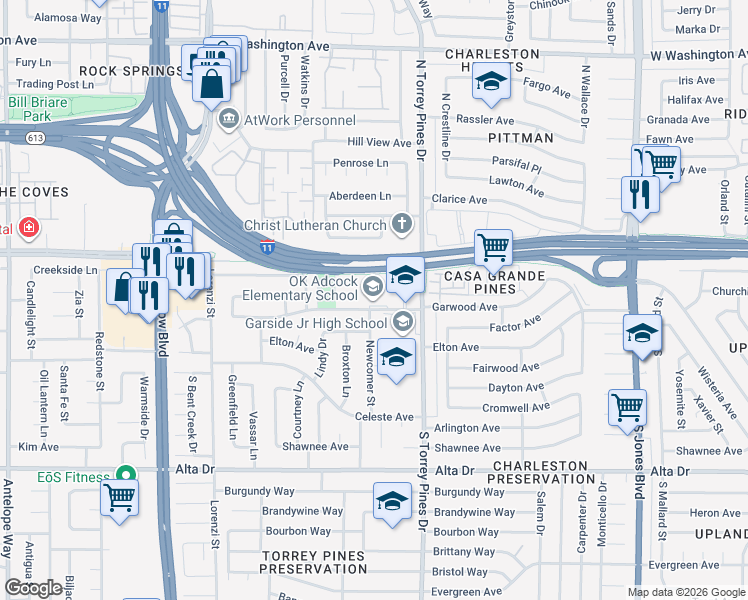 map of restaurants, bars, coffee shops, grocery stores, and more near 6350 Hyde Avenue in Las Vegas