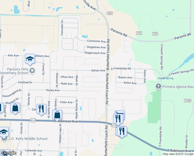 map of restaurants, bars, coffee shops, grocery stores, and more near 2676b Yorkshire Circle in Springdale