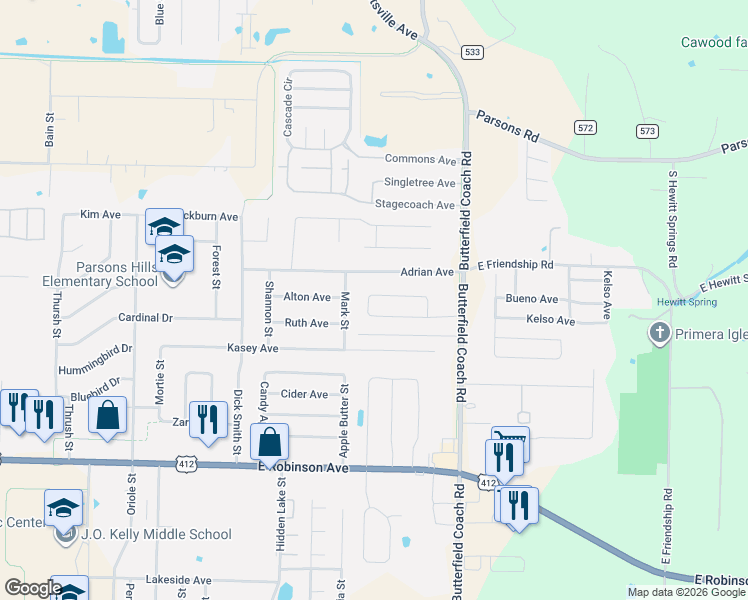 map of restaurants, bars, coffee shops, grocery stores, and more near 2844 Yorkshire Cir in Springdale