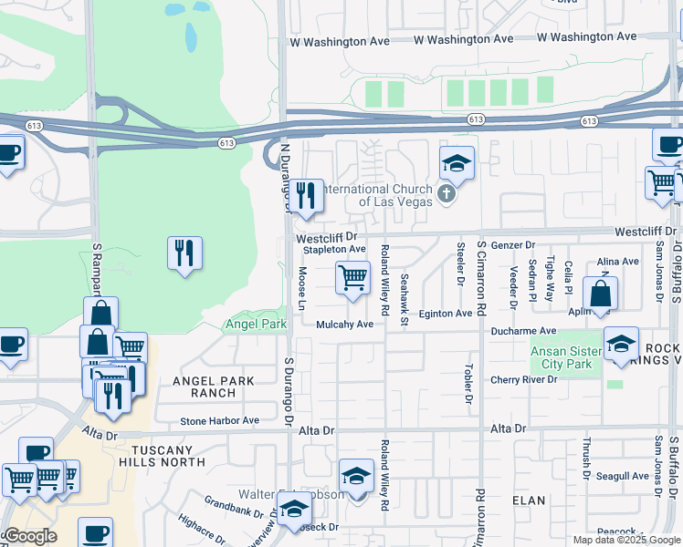 map of restaurants, bars, coffee shops, grocery stores, and more near 129 Logansberry Lane in Las Vegas