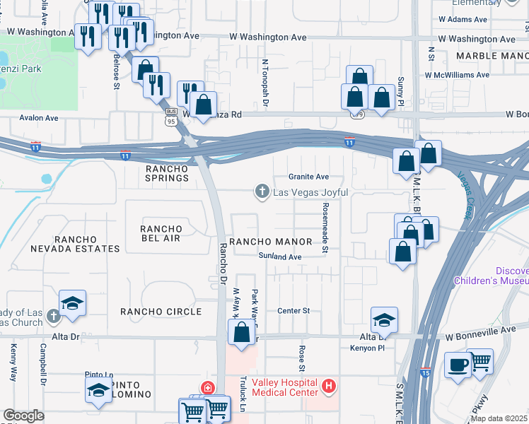 map of restaurants, bars, coffee shops, grocery stores, and more near 105 Woodley Street in Las Vegas
