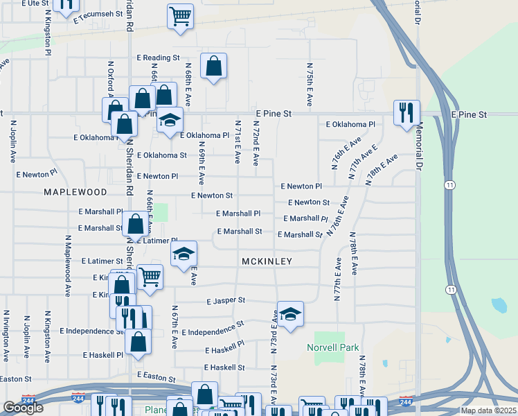 map of restaurants, bars, coffee shops, grocery stores, and more near 7129 E Marshall Pl in Tulsa