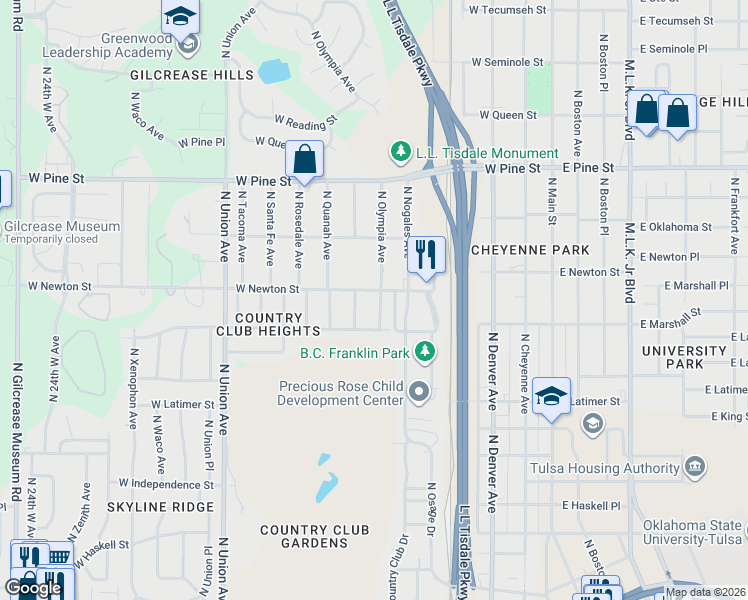 map of restaurants, bars, coffee shops, grocery stores, and more near 1234 North Olympia Avenue in Tulsa