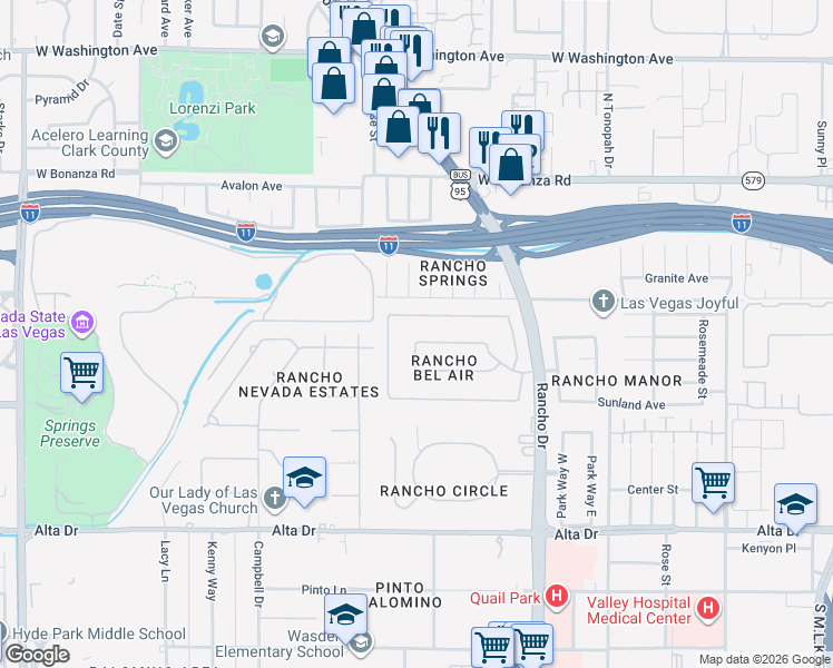 map of restaurants, bars, coffee shops, grocery stores, and more near 2512 Rancho Bel Air Drive in Las Vegas
