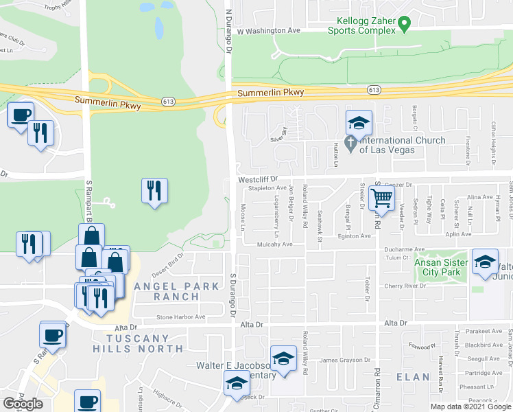 map of restaurants, bars, coffee shops, grocery stores, and more near 8433 Charles Court in Las Vegas