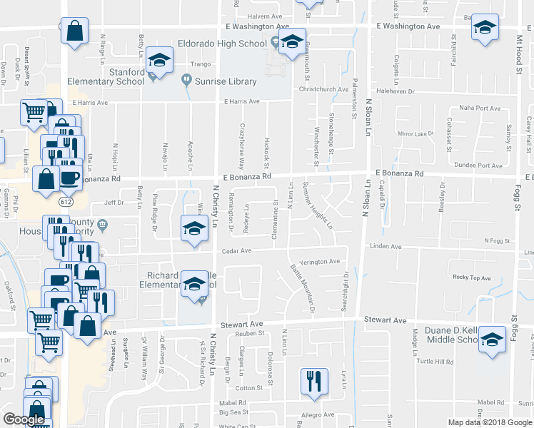 map of restaurants, bars, coffee shops, grocery stores, and more near 5632 Winchester Court in Las Vegas