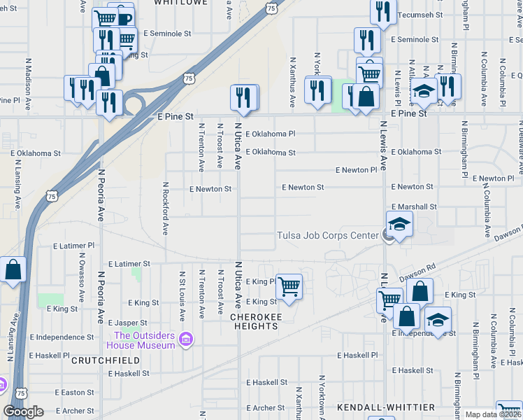 map of restaurants, bars, coffee shops, grocery stores, and more near 1208 North Wheeling Avenue in Tulsa