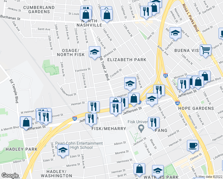 map of restaurants, bars, coffee shops, grocery stores, and more near Dr Db Todd Jr Blvd & Knowles St in Nashville