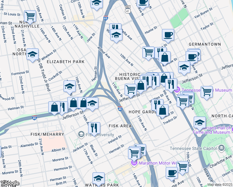 map of restaurants, bars, coffee shops, grocery stores, and more near 1103B Scovel Street in Nashville