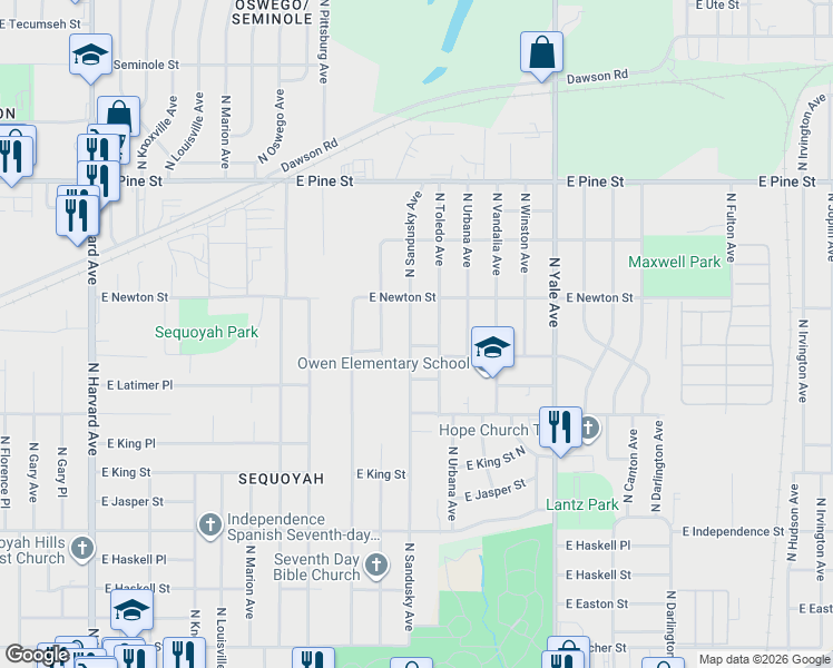 map of restaurants, bars, coffee shops, grocery stores, and more near 1209 North Sandusky Avenue in Tulsa